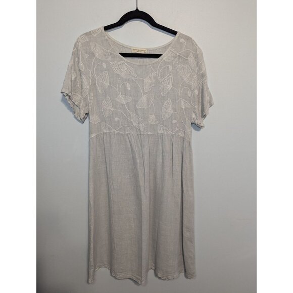 Terzo Millenio Mini Dress Women Size M Gray Embroidered Short Sleeve 100% Linen - Picture 1 of 15